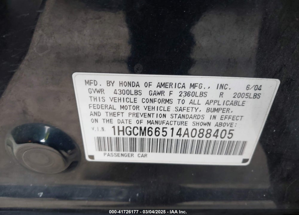 2004 HONDA ACCORD 3.0 EX VIN: 1HGCM66514A088405