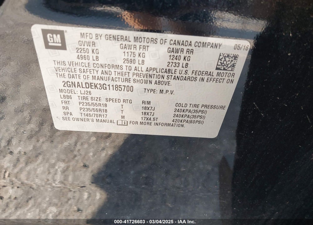 2016 CHEVROLET EQUINOX LTZ VIN: 2GNALDEK3G1185700