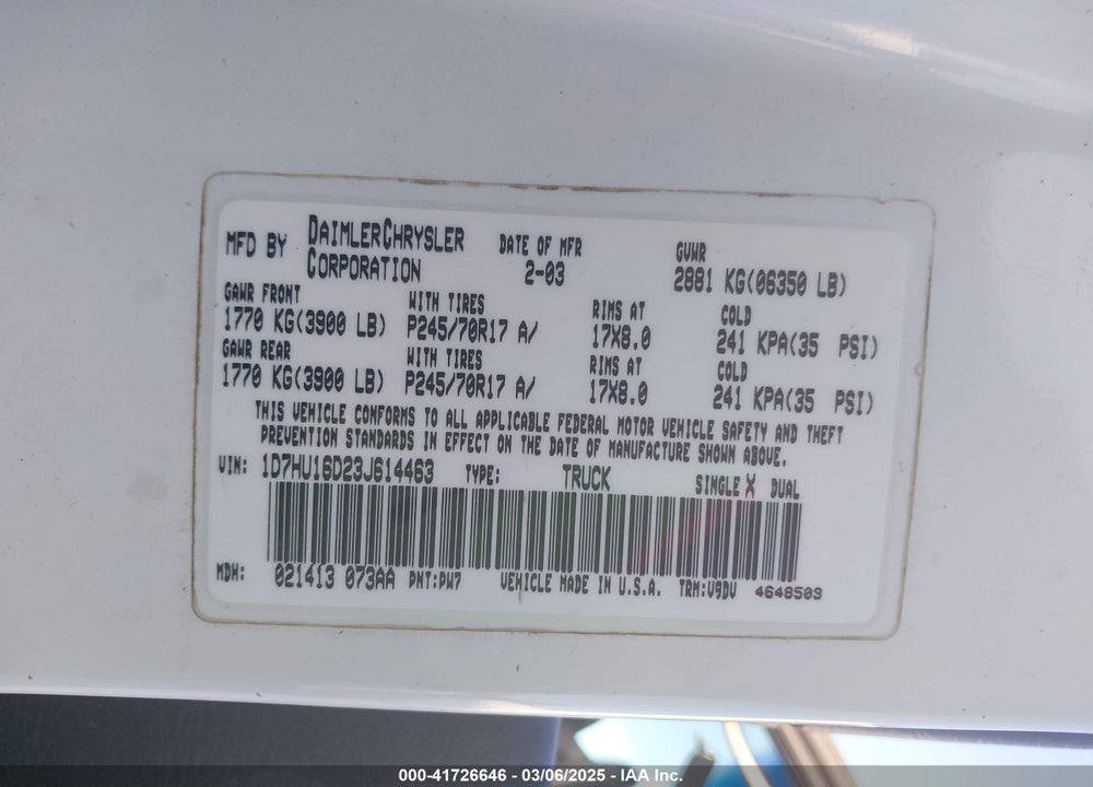 2003 DODGE RAM 1500 SLT/LARAMIE/ST VIN: 1D7HU16D23J614463