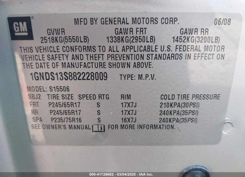 2008 CHEVROLET TRAILBLAZER VIN: 1GNDS13S882228009