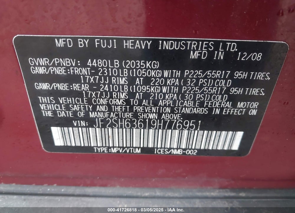 2009 SUBARU FORESTER 2.5X VIN: JF2SH63619H776951