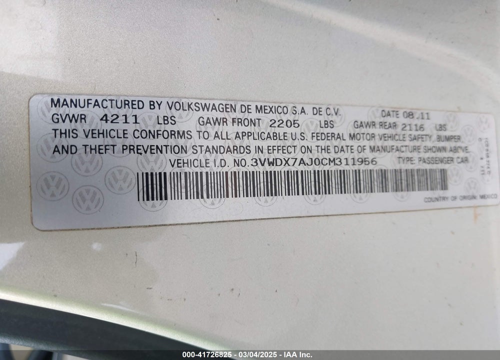 2012 VOLKSWAGEN JETTA VIN: 3VWDX7AJ0CM311956
