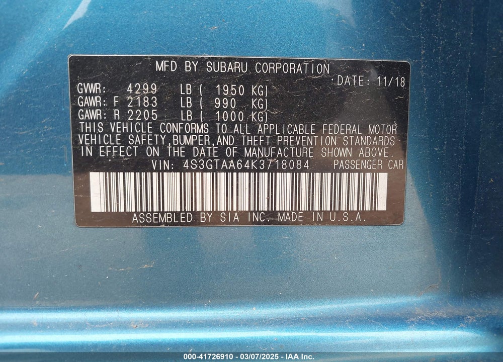 2019 SUBARU IMPREZA VIN: 4S3GTAA64K3718084