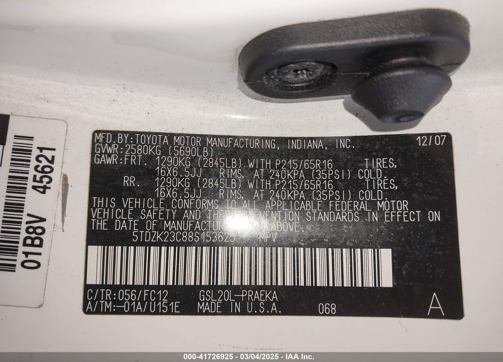 2008 TOYOTA SIENNA LE VIN: 5TDZK23C88S153625