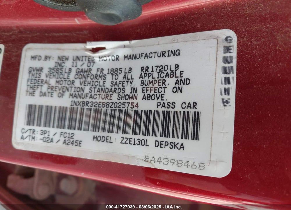 2008 TOYOTA COROLLA S VIN: 1NXBR32E88Z025754