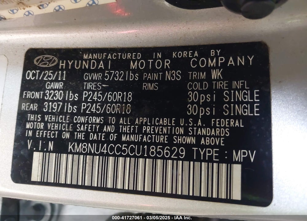 2012 HYUNDAI VERACRUZ VIN: KM8NU4CC5CU185629