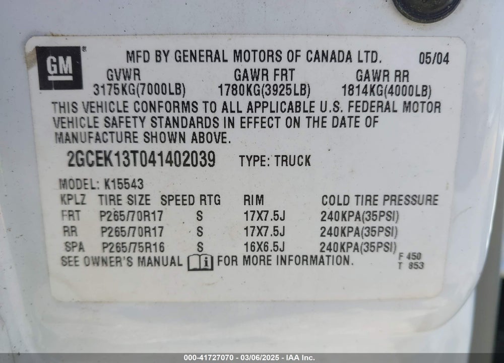 2004 CHEVROLET SILVERADO 1500 Z71 VIN: 2GCEK13T041402039