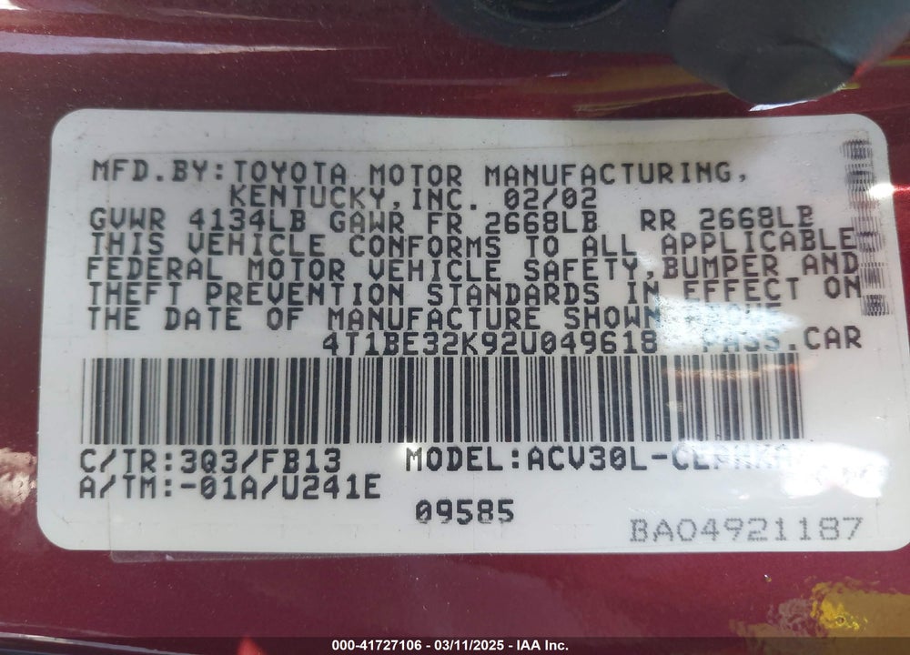 2002 TOYOTA CAMRY LE/XLE/SE VIN: 4T1BE32K92U049618