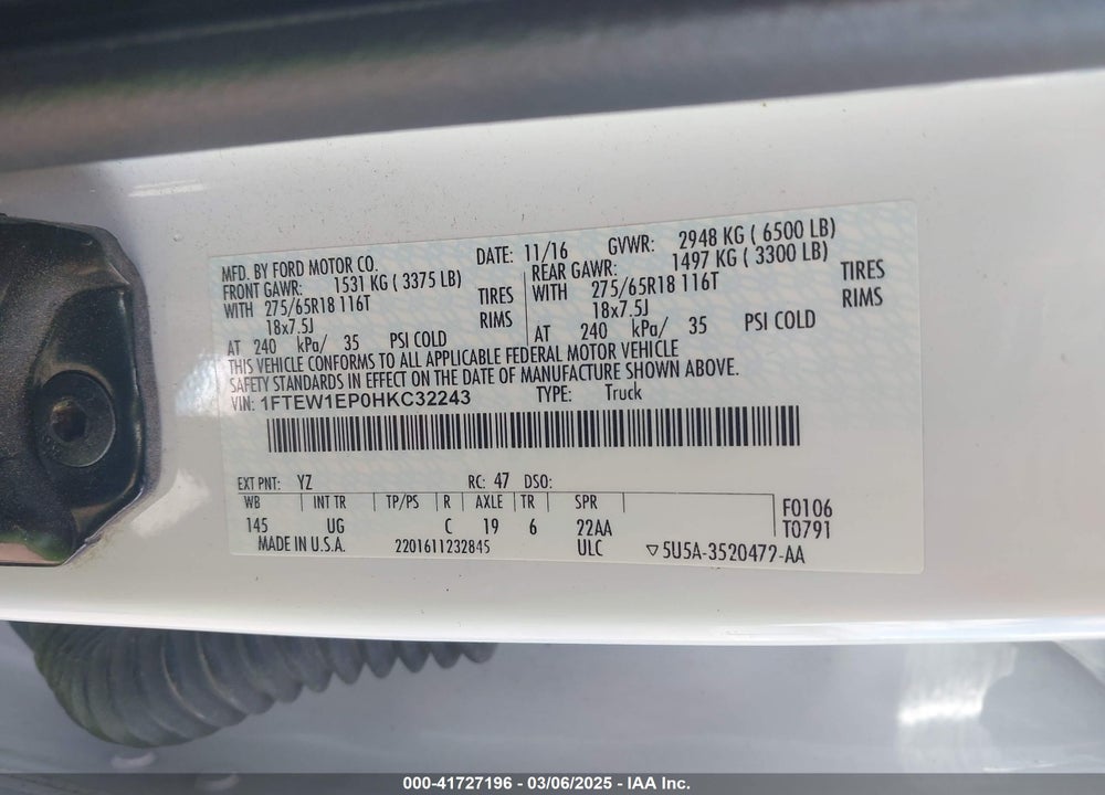 2017 FORD F-150 VIN: 1FTEW1EP0HKC32243