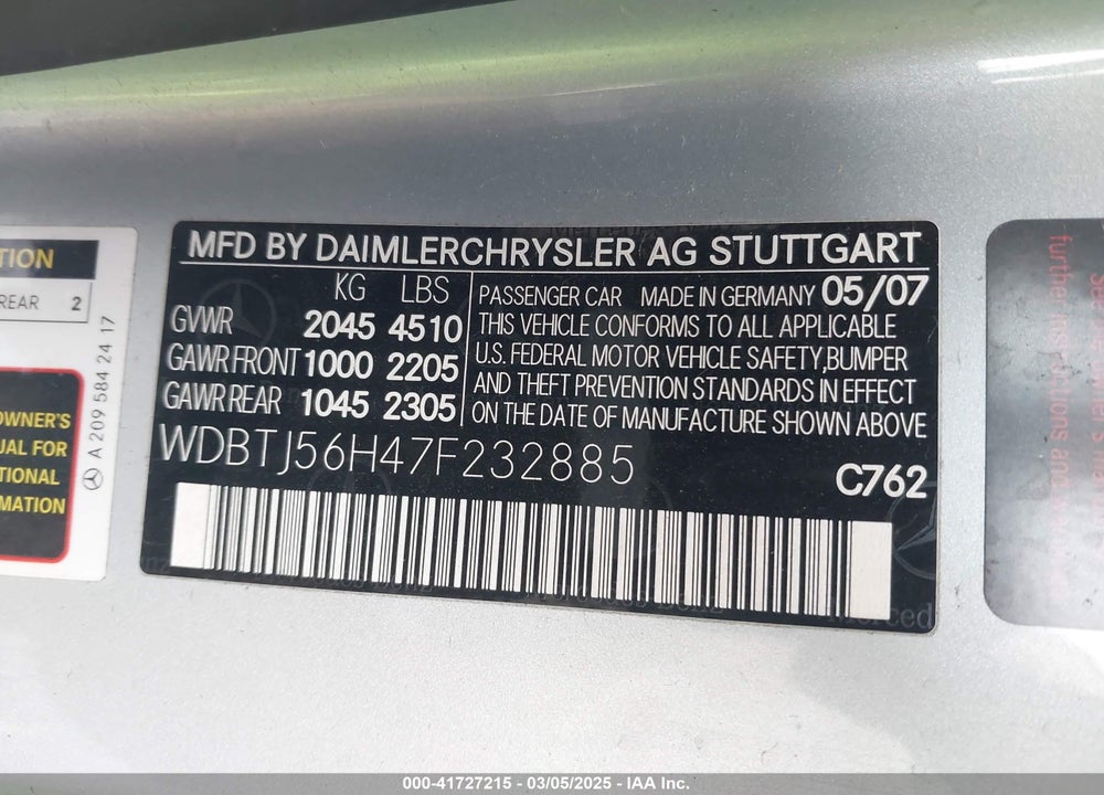 2007 MERCEDES-BENZ CLK 350 VIN: WDBTJ56H47F232885