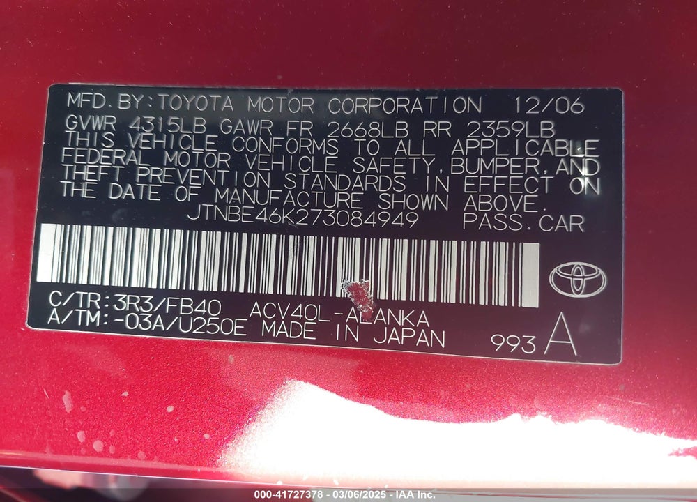 2007 TOYOTA CAMRY VIN: JTNBE46K273084949