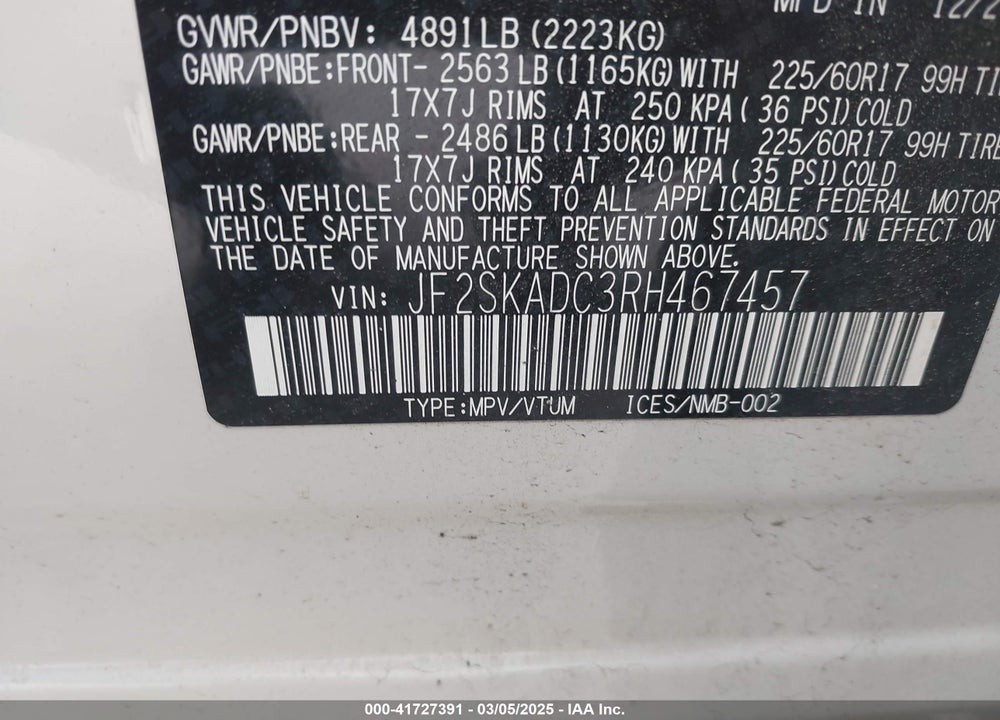2024 SUBARU FORESTER VIN: JF2SKADC3RH467457