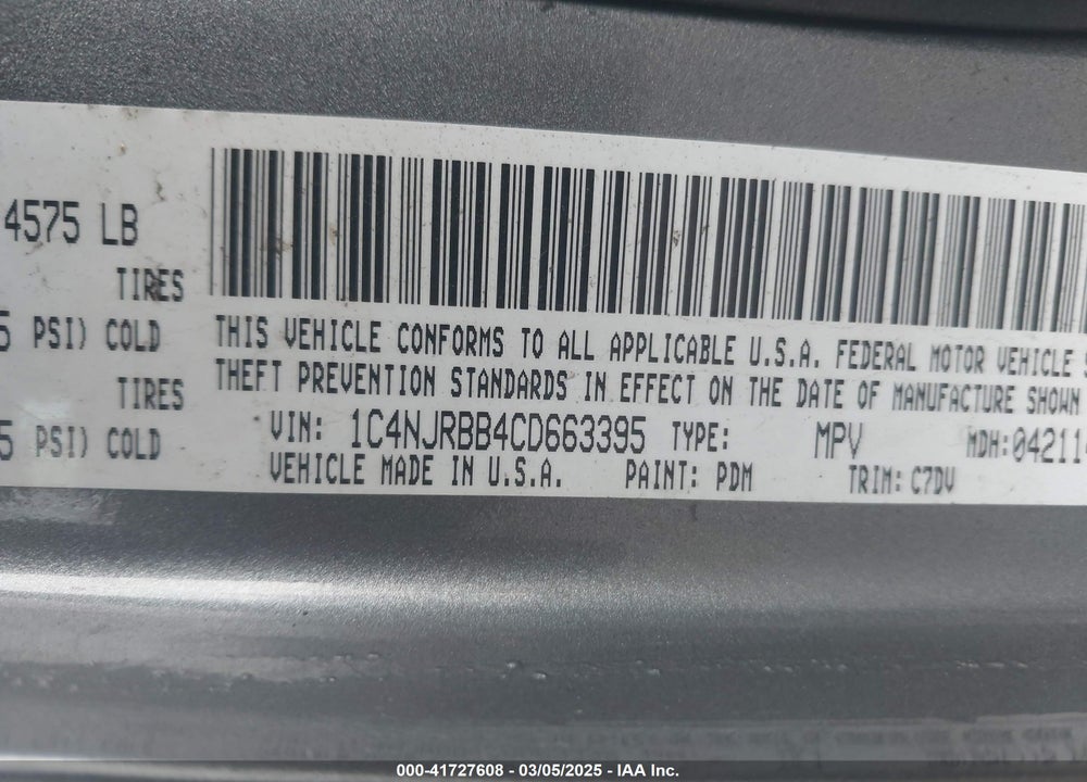 2012 JEEP PATRIOT SPORT VIN: 1C4NJRBB4CD663395