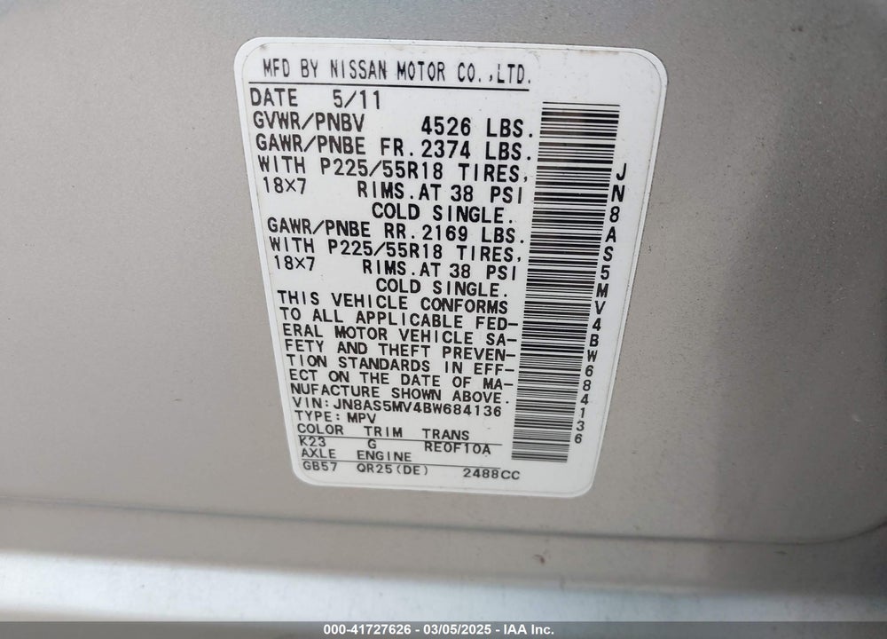 2011 NISSAN ROGUE SV VIN: JN8AS5MV4BW684136