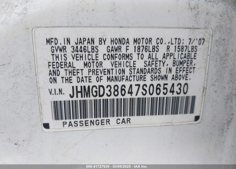 2007 HONDA FIT SPORT VIN: JHMGD38647S065430