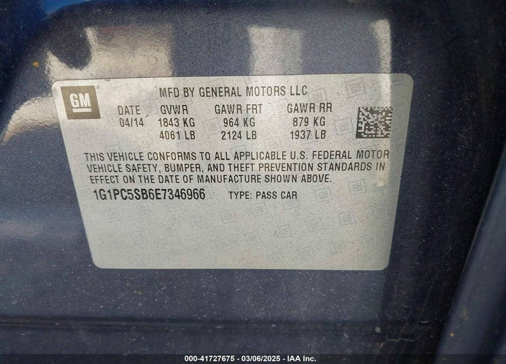 2014 CHEVROLET CRUZE VIN: 1G1PC5SB6E7346966