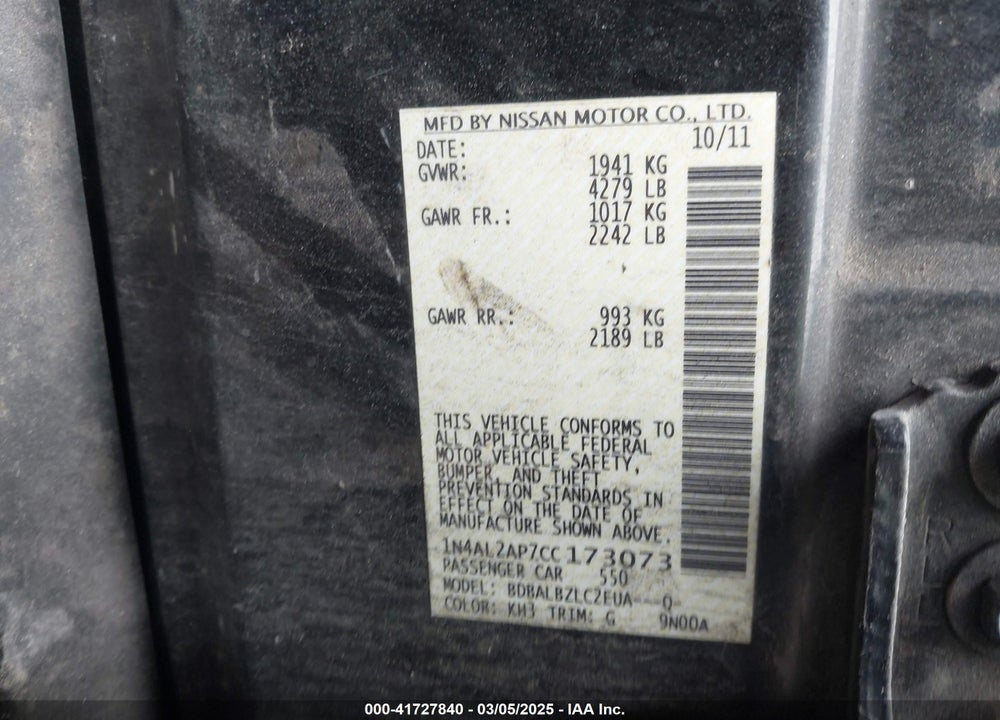 2012 NISSAN ALTIMA 2.5 S VIN: 1N4AL2AP7CC173073