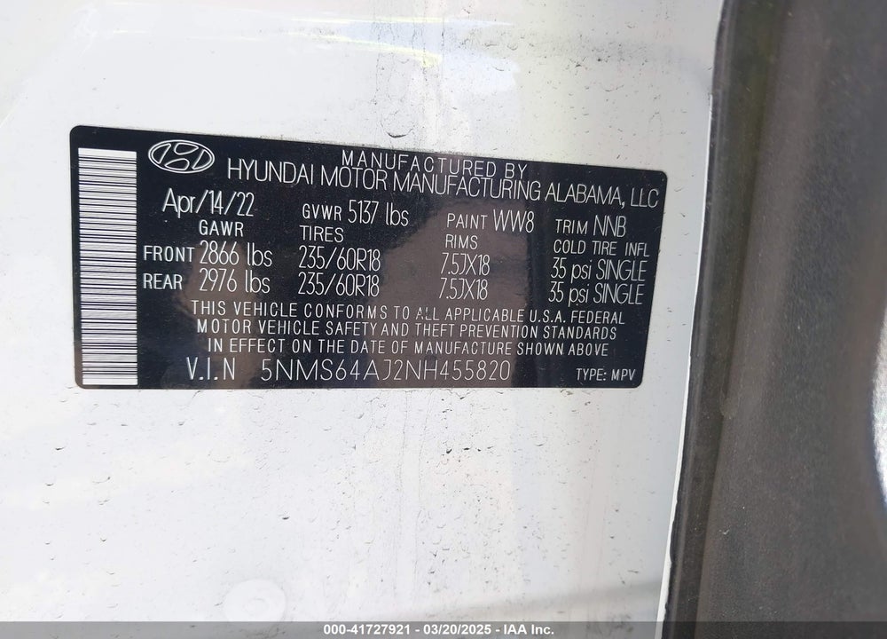2022 HYUNDAI SANTA FE VIN: 5NMS64AJ2NH455820