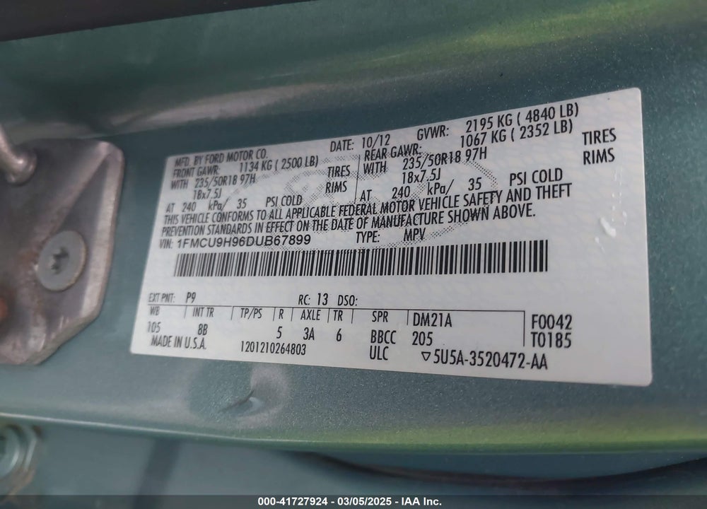 2013 FORD ESCAPE SEL VIN: 1FMCU9H96DUB67899