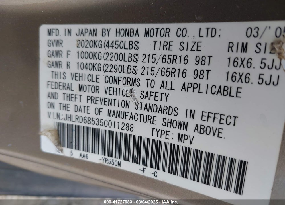 2005 HONDA CR-V LX VIN: JHLRD68535C011288