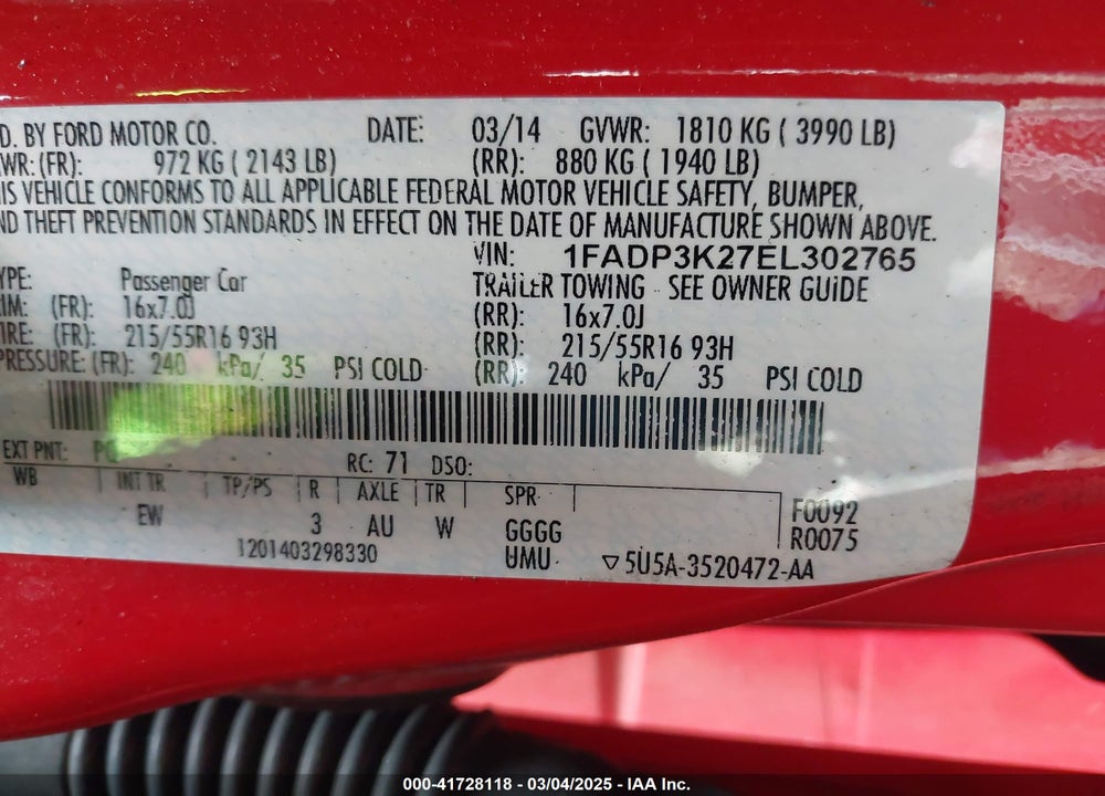 2014 FORD FOCUS VIN: 1FADP3K27EL302765