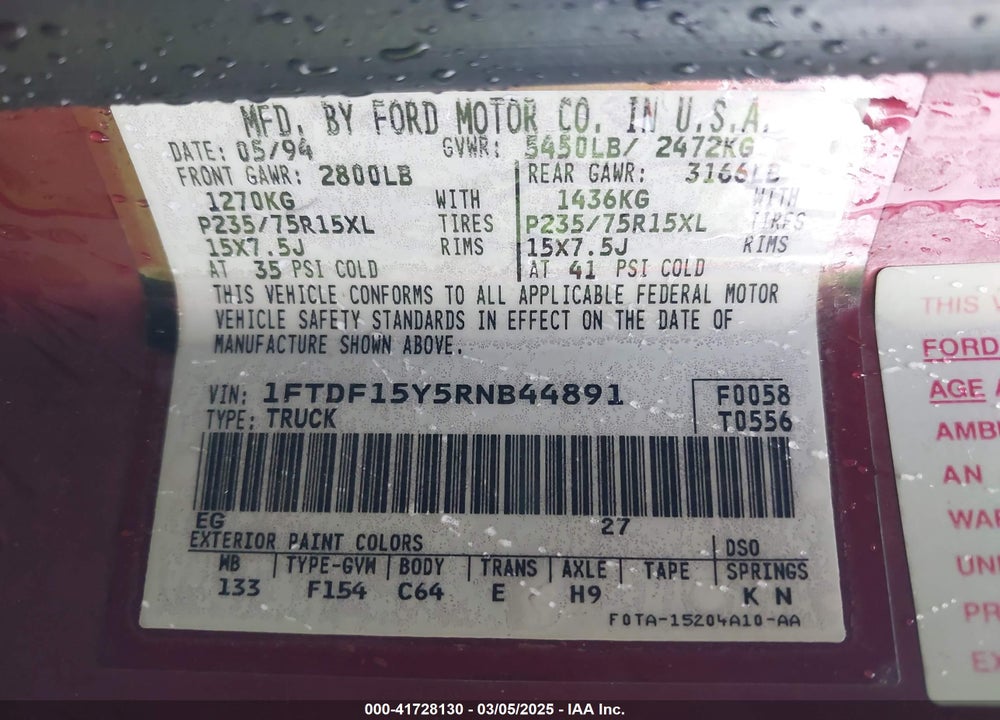 1994 FORD F150 VIN: 1FTDF15Y5RNB44891