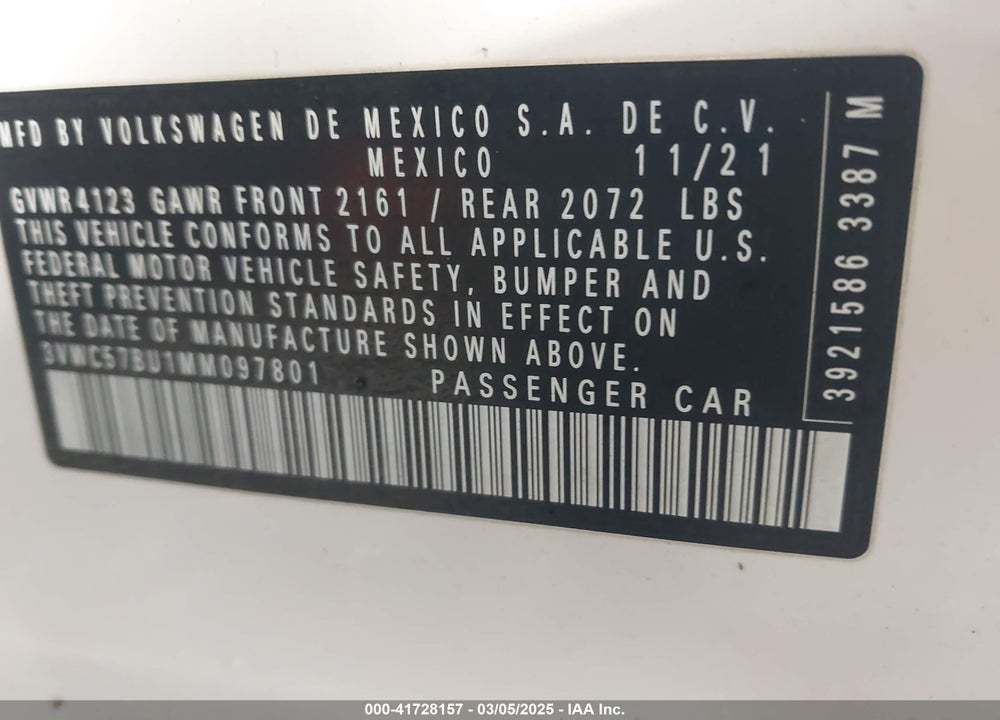 2021 VOLKSWAGEN JETTA VIN: 3VWC57BU1MM097801