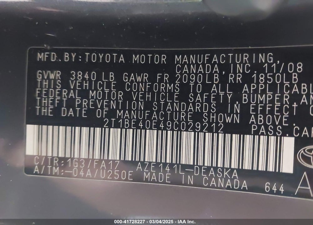 2009 TOYOTA COROLLA XRS VIN: 2T1BE40E49C029212