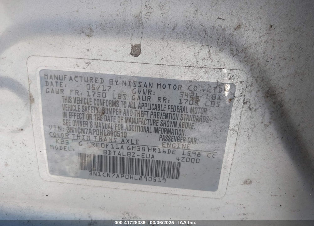 2017 NISSAN VERSA VIN: 3N1CN7AP0HL890519