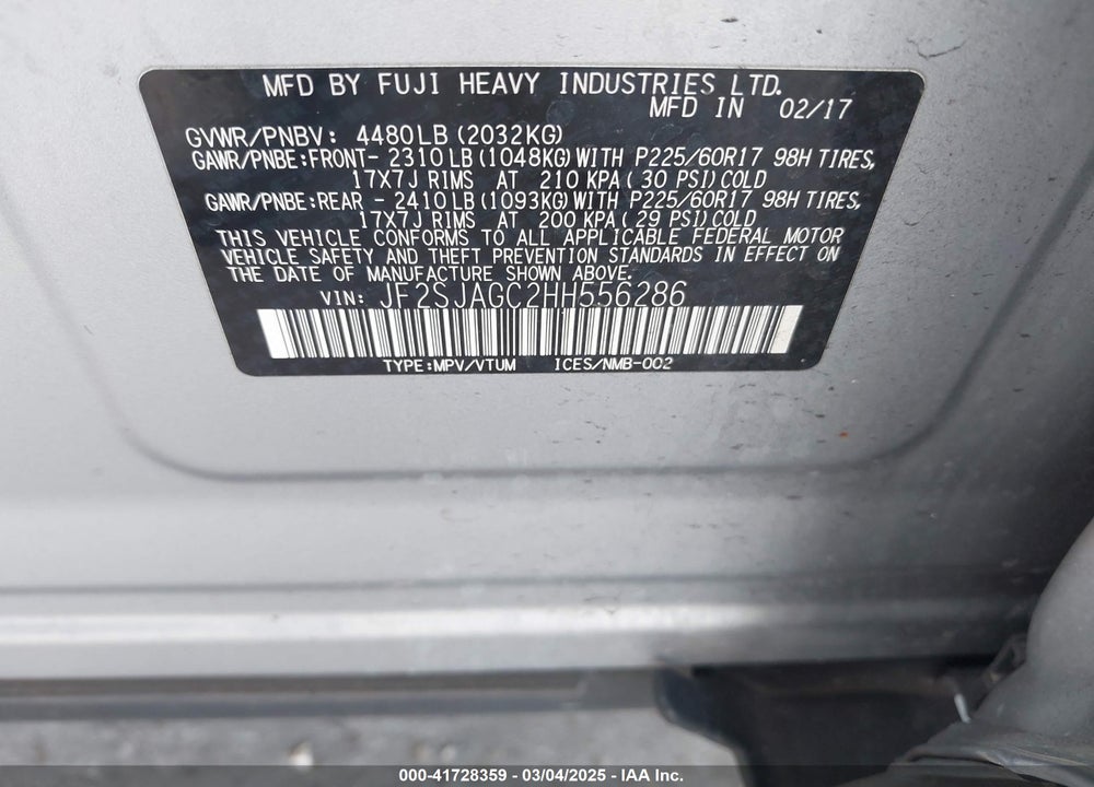 2017 SUBARU FORESTER VIN: JF2SJAGC2HH556286