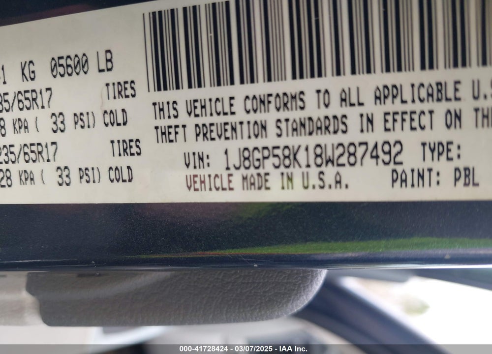 2008 JEEP LIBERTY LIMITED EDITION VIN: 1J8GP58K18W287492