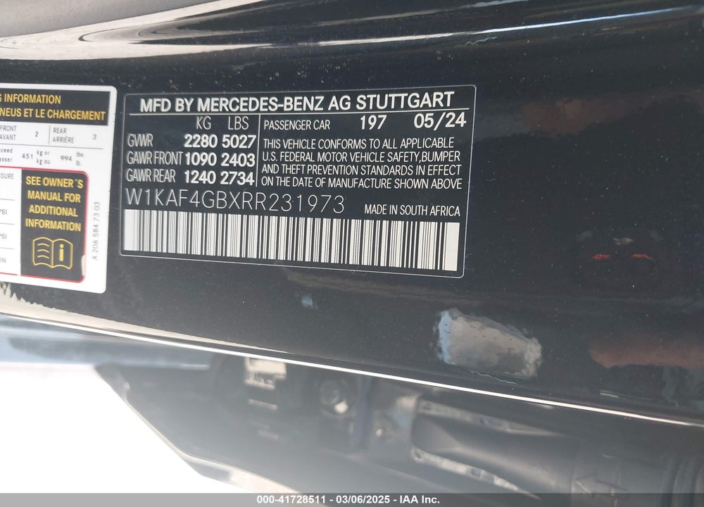 2024 MERCEDES-BENZ C 300 VIN: W1KAF4GBXRR231973