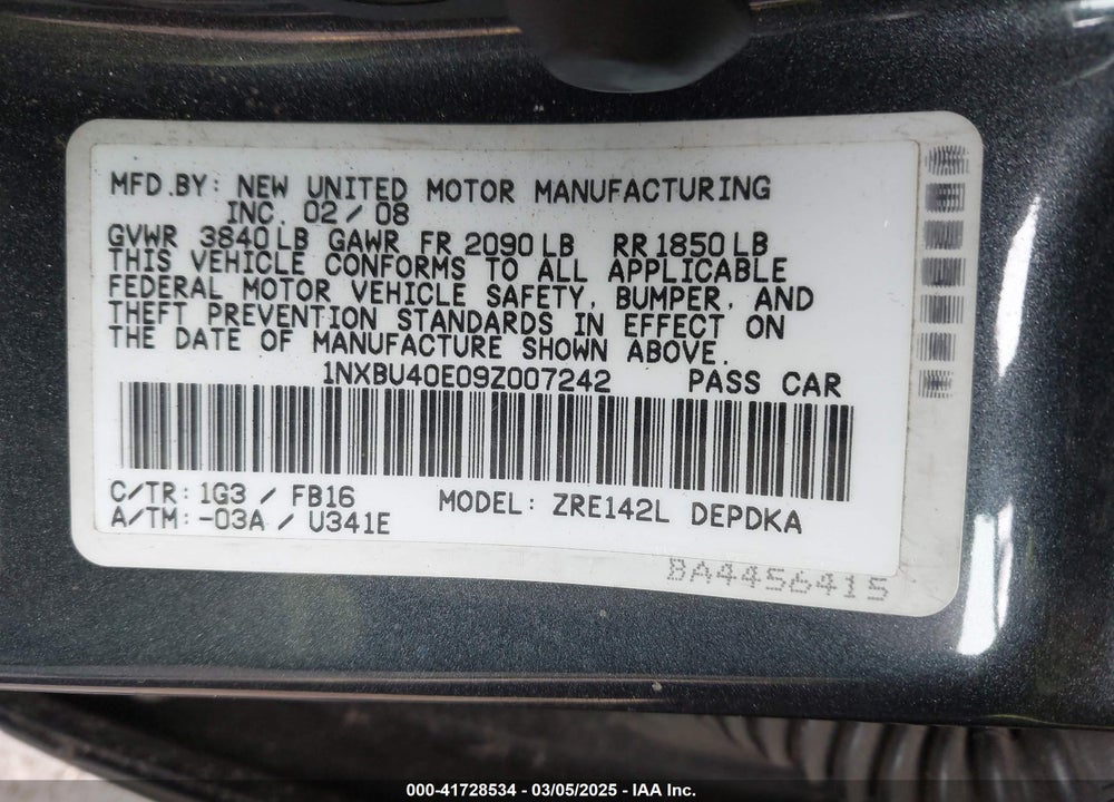 2009 TOYOTA COROLLA VIN: 1NXBU40E09Z007242