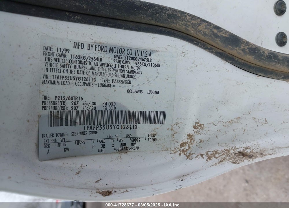 2000 FORD TAURUS VIN: 1FAFP55U5YG128113