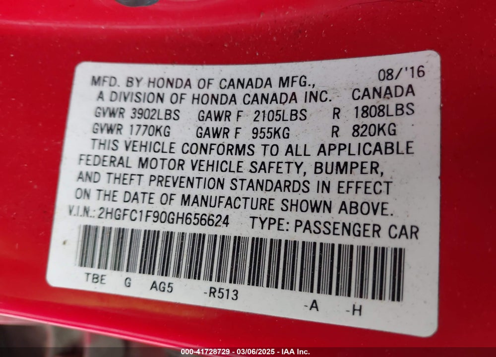 2016 HONDA CIVIC VIN: 2HGFC1F90GH656624