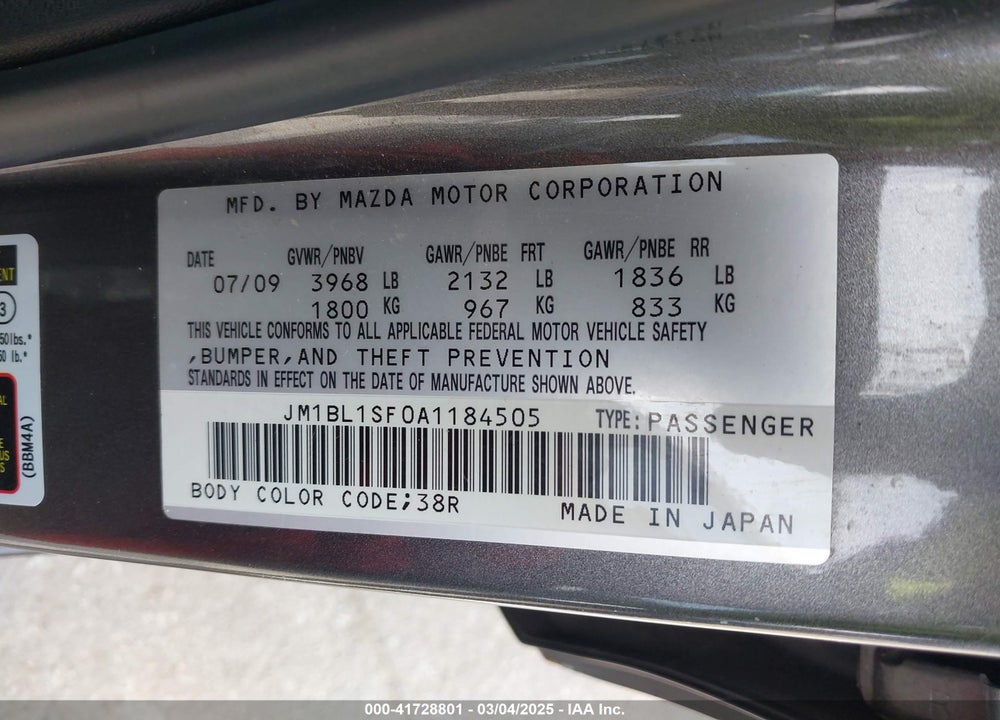 2010 MAZDA MAZDA3 VIN: JM1BL1SF0A1184505