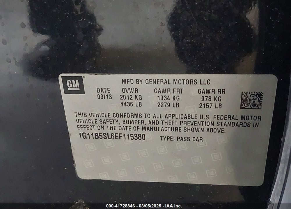 2014 CHEVROLET MALIBU 1LS VIN: 1G11B5SL6EF115380