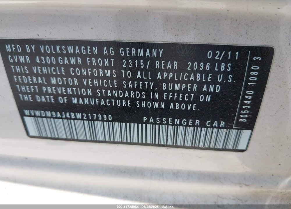 2011 VOLKSWAGEN GOLF VIN: WVWDM9AJ4BW217990