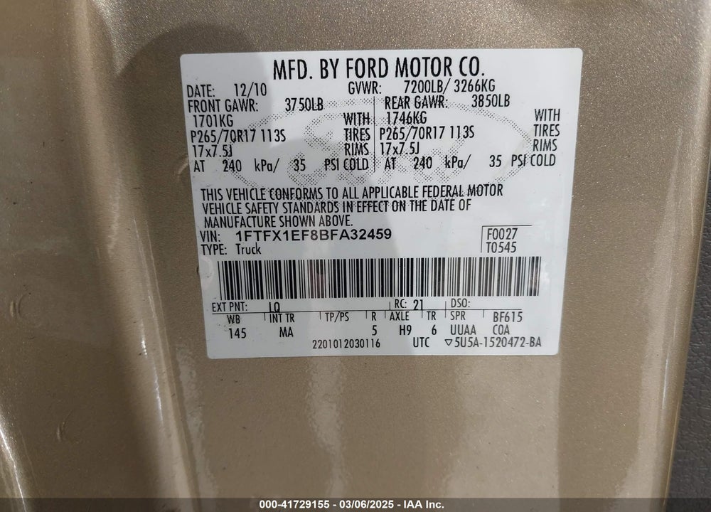 2011 FORD F-150 XLT VIN: 1FTFX1EF8BFA32459