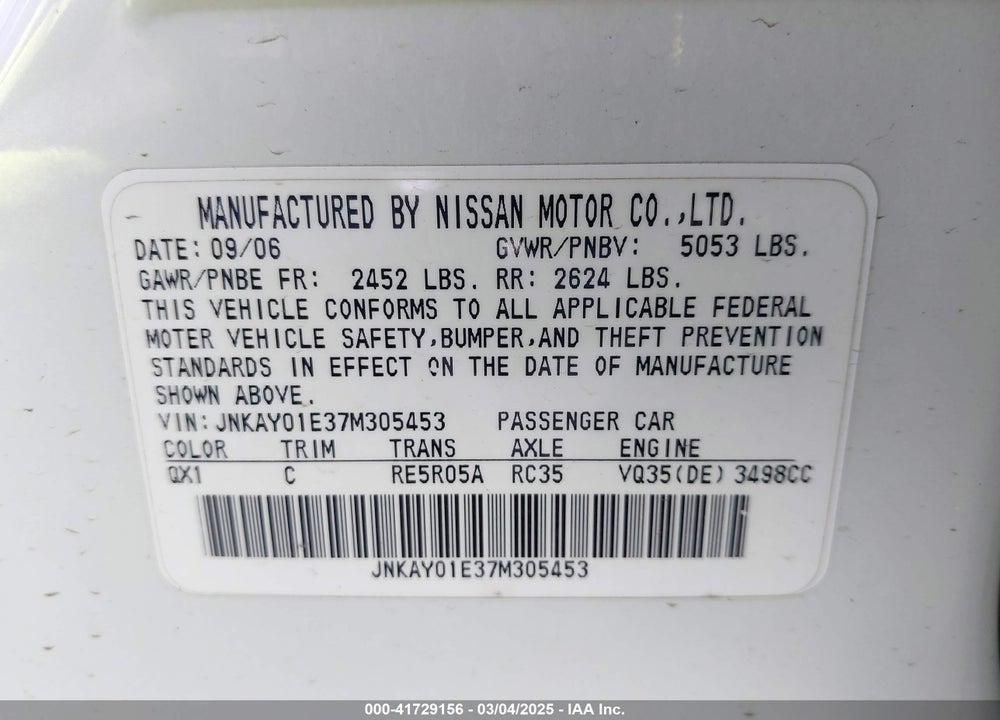 2007 INFINITI M35 VIN: JNKAY01E37M305453