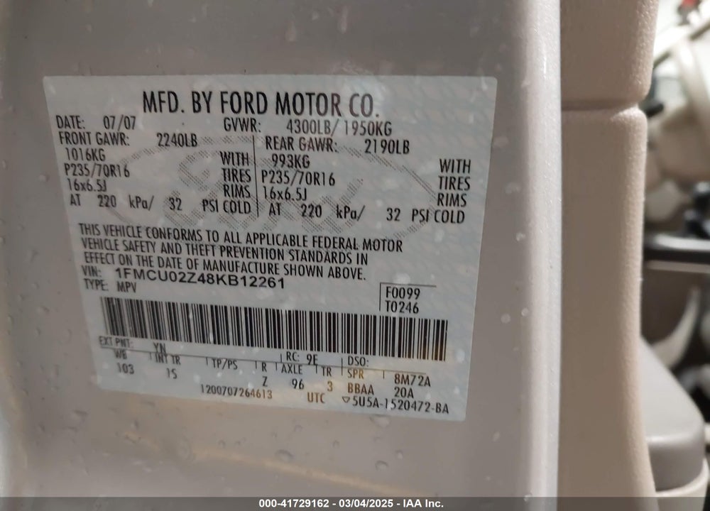 2008 FORD ESCAPE XLS/XLS MANUAL VIN: 1FMCU02Z48KB12261