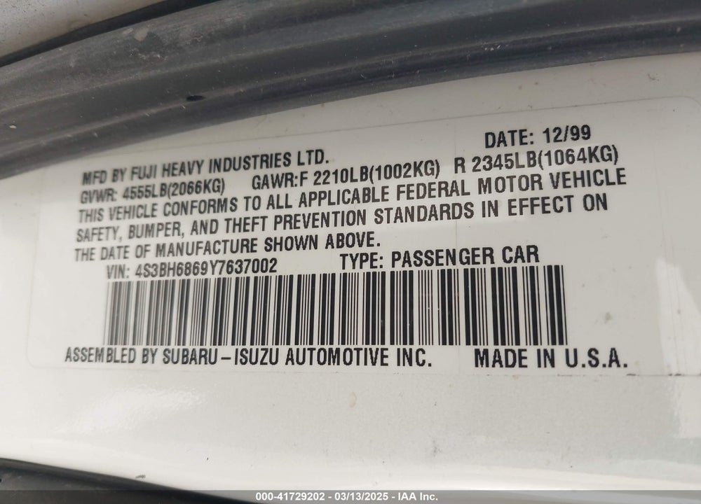 2000 SUBARU OUTBACK LIMITED VIN: 4S3BH6869Y7637002