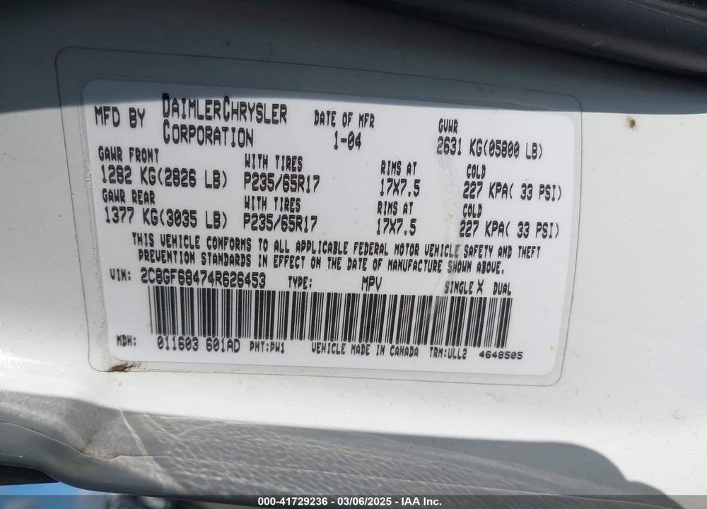 2004 CHRYSLER PACIFICA VIN: 2C8GF68474R626453