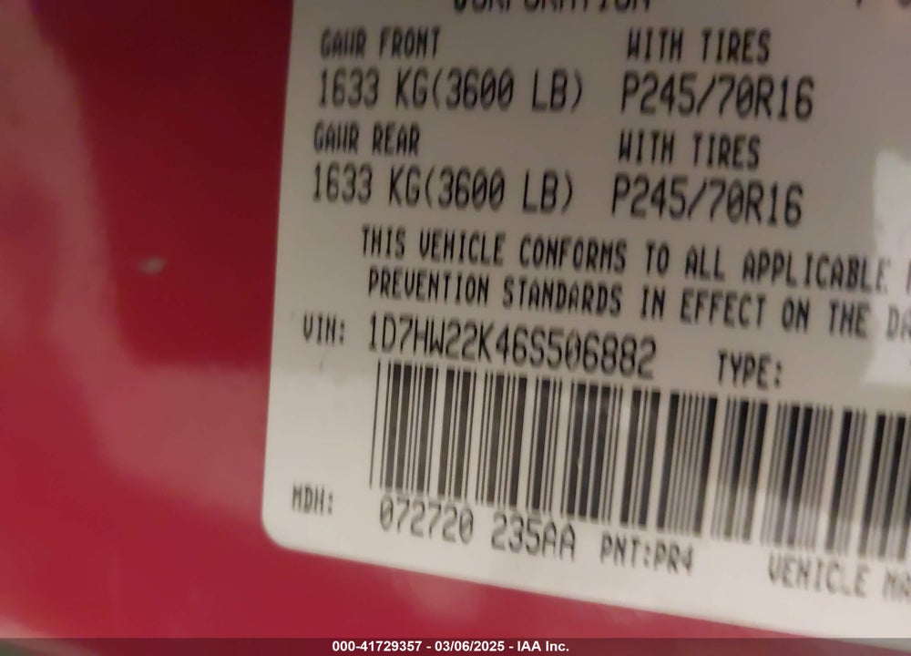 2006 DODGE DAKOTA VIN: 1D7HW22K46S506882