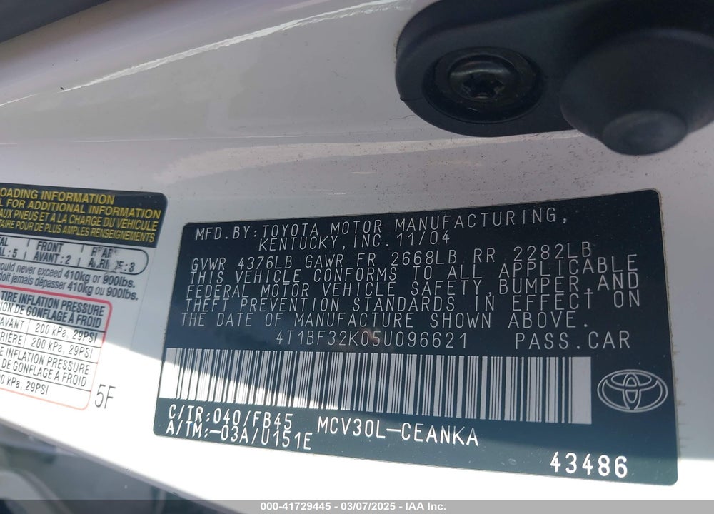 2005 TOYOTA CAMRY VIN: 4T1BF32K05U096621