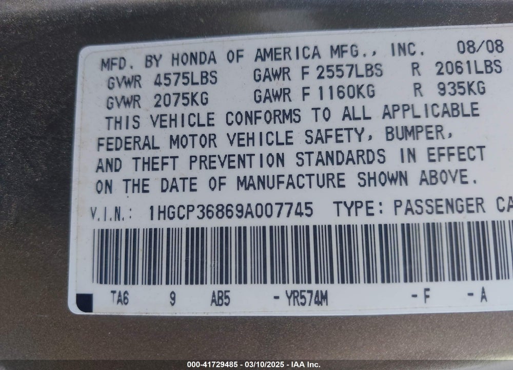 2009 HONDA ACCORD VIN: 1HGCP36869A007745