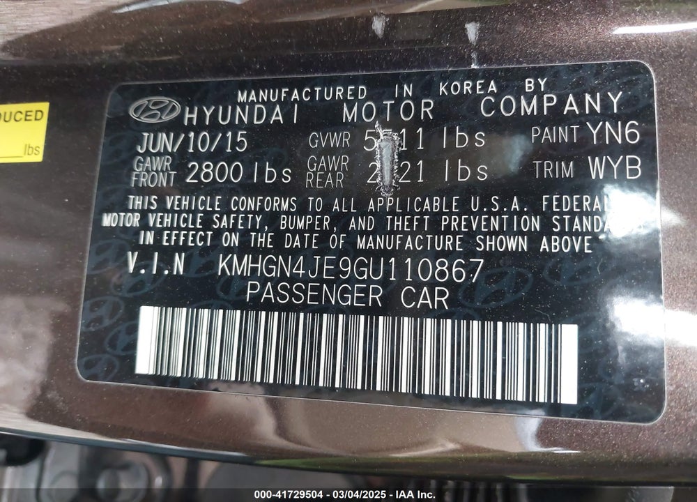2016 HYUNDAI GENESIS VIN: KMHGN4JE9GU110867
