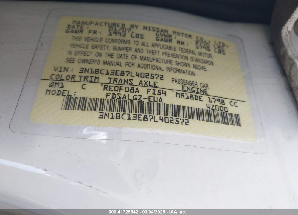2007 NISSAN VERSA 1.8SL VIN: 3N1BC13E87L402572