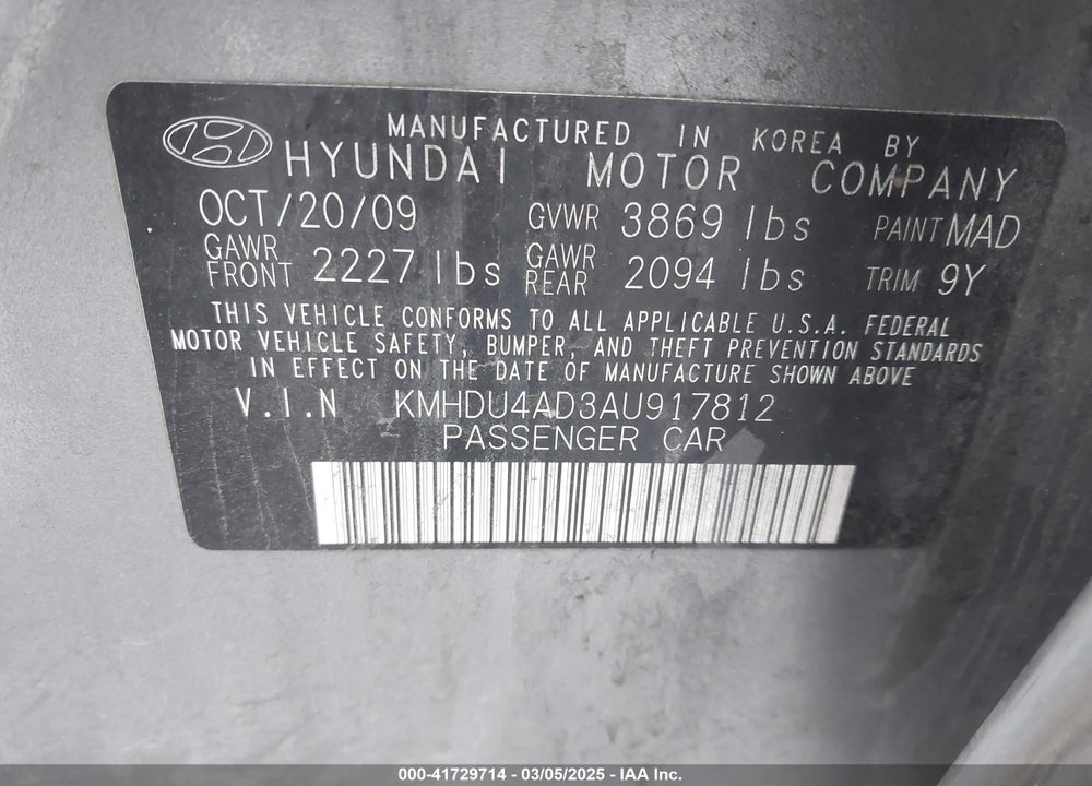 2010 HYUNDAI ELANTRA VIN: KMHDU4AD3AU917812