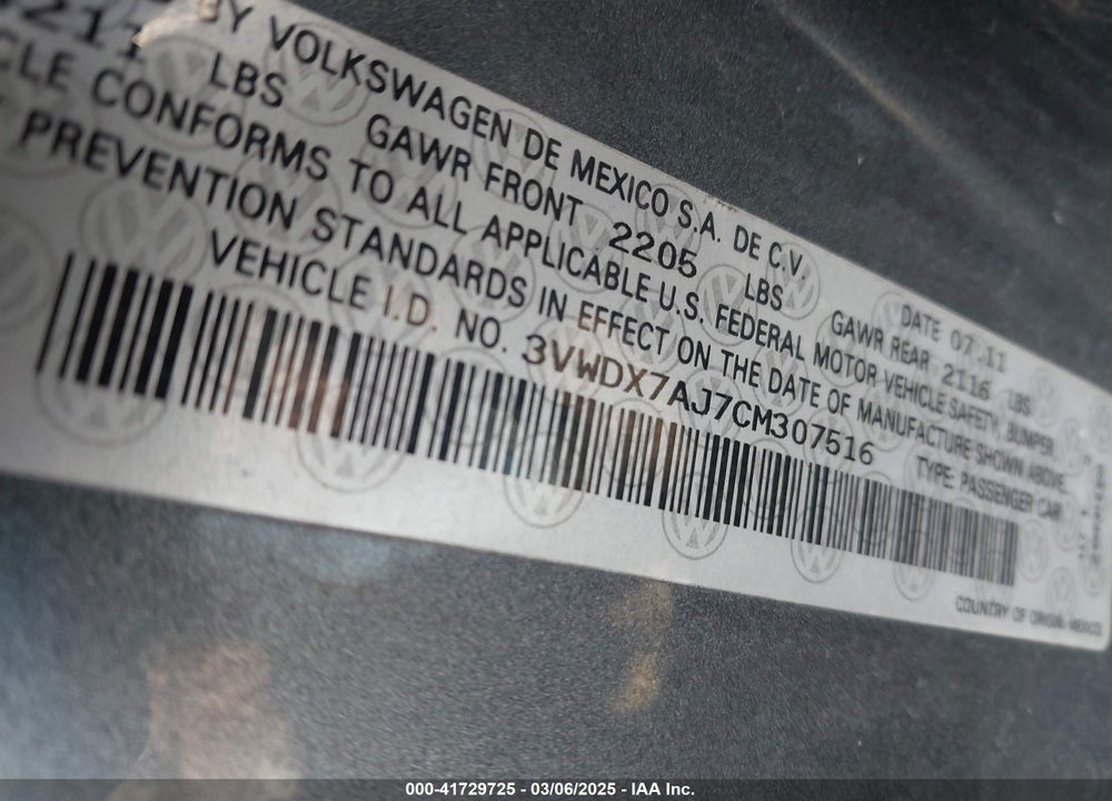 2012 VOLKSWAGEN JETTA VIN: 3VWDX7AJ7CM307516